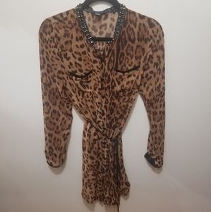 Audrey Ann Leopard Sheer Long Sleeve Button Down Robe Swim Coverup Lingerie MED